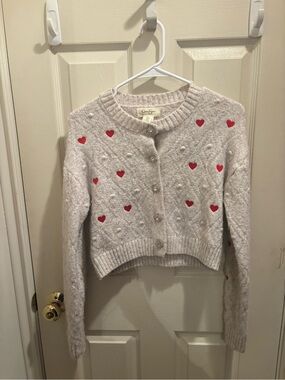 Girls (8-10) Cream Cardigan Sweater with Red Heart Detail and buttons
